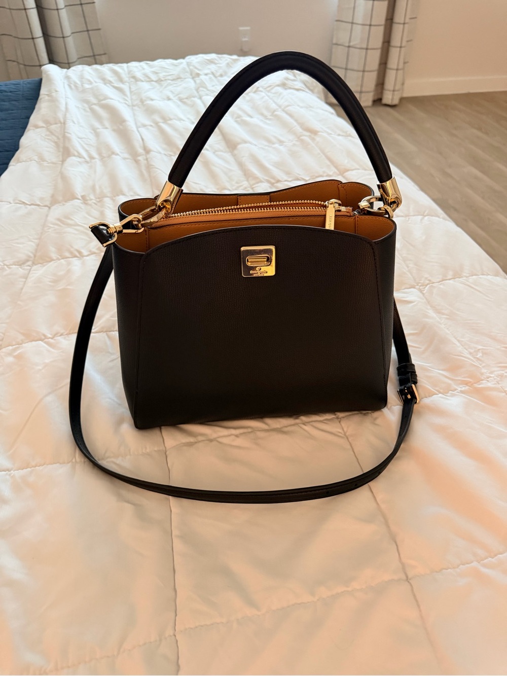 kate spade Black Pebbled Satchel with Gold Hardware and Tan Interior